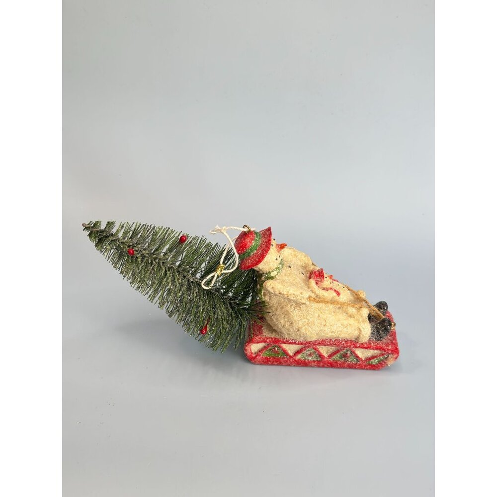 Snowman & Snowchild Sledding with Bottle Brush Christmas Tree Ornament - Picture 4 of 7